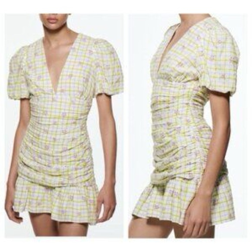 NWOT Zara Floral Gingham Embroidered Mini Dress Puff Sleeve Ruched Ruffle M‎